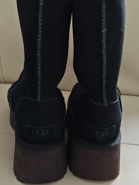 UGG Black Suede Shearling-Trim Platform Boots